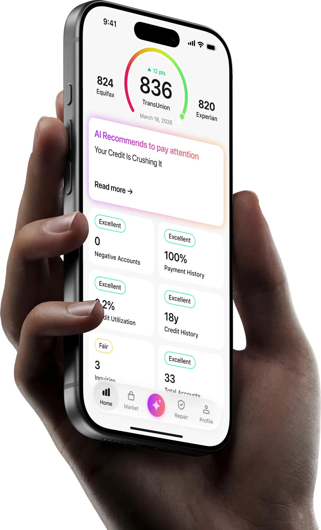 Hand holding an iPhone showing the Credit Booster credit score dashboard