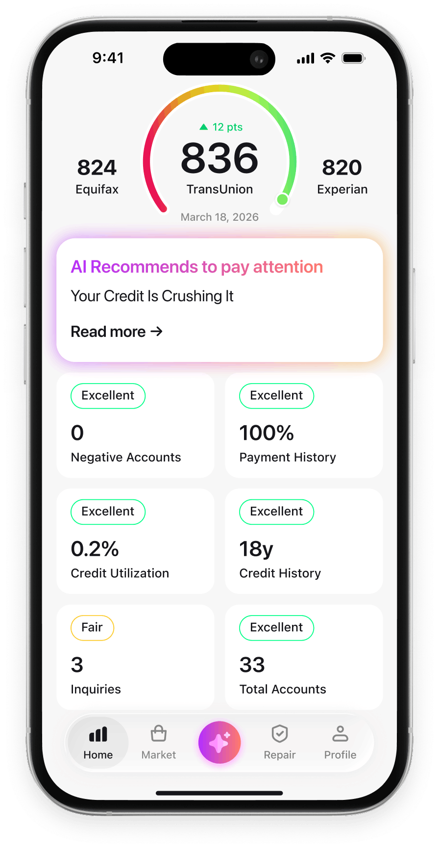 Credit Booster app — credit score dashboard on iPhone