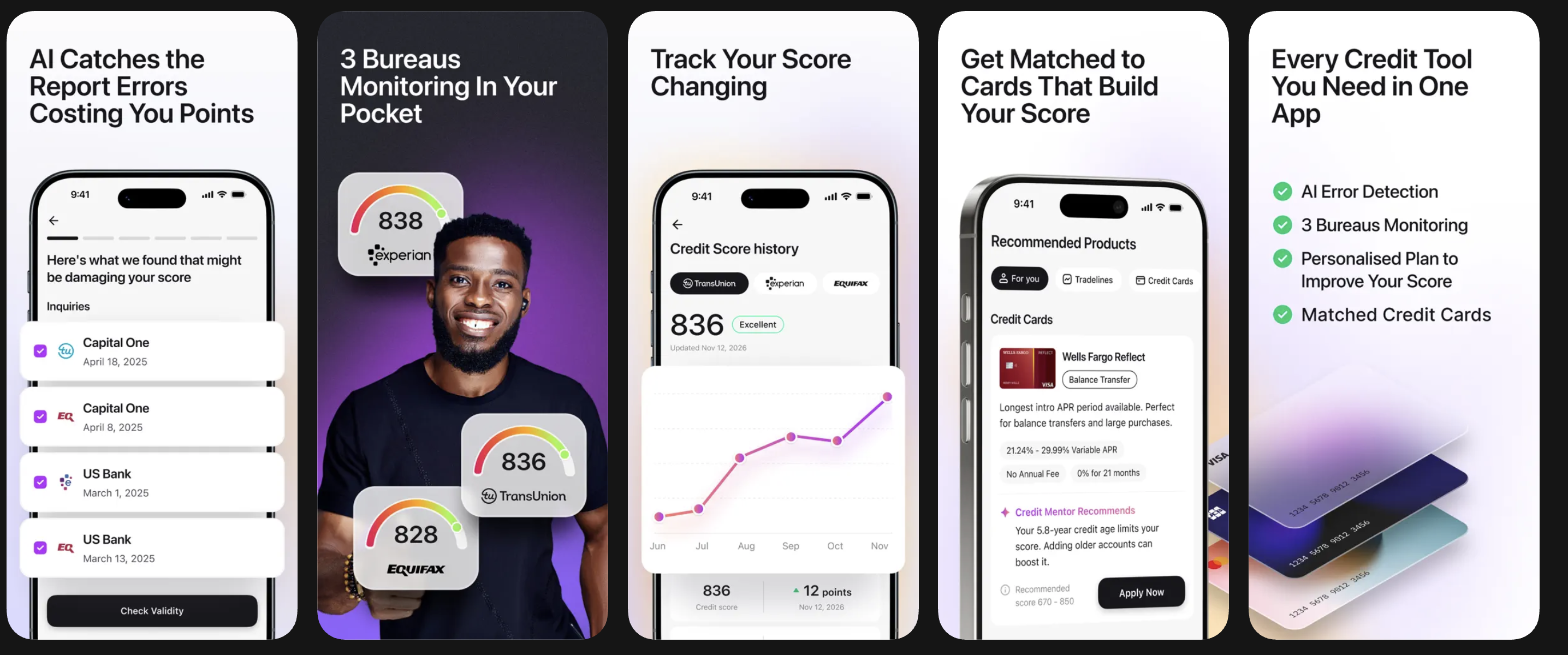 Credit Booster AI App Store screenshots showing dispute review, score insights, error detection, and goal planning features