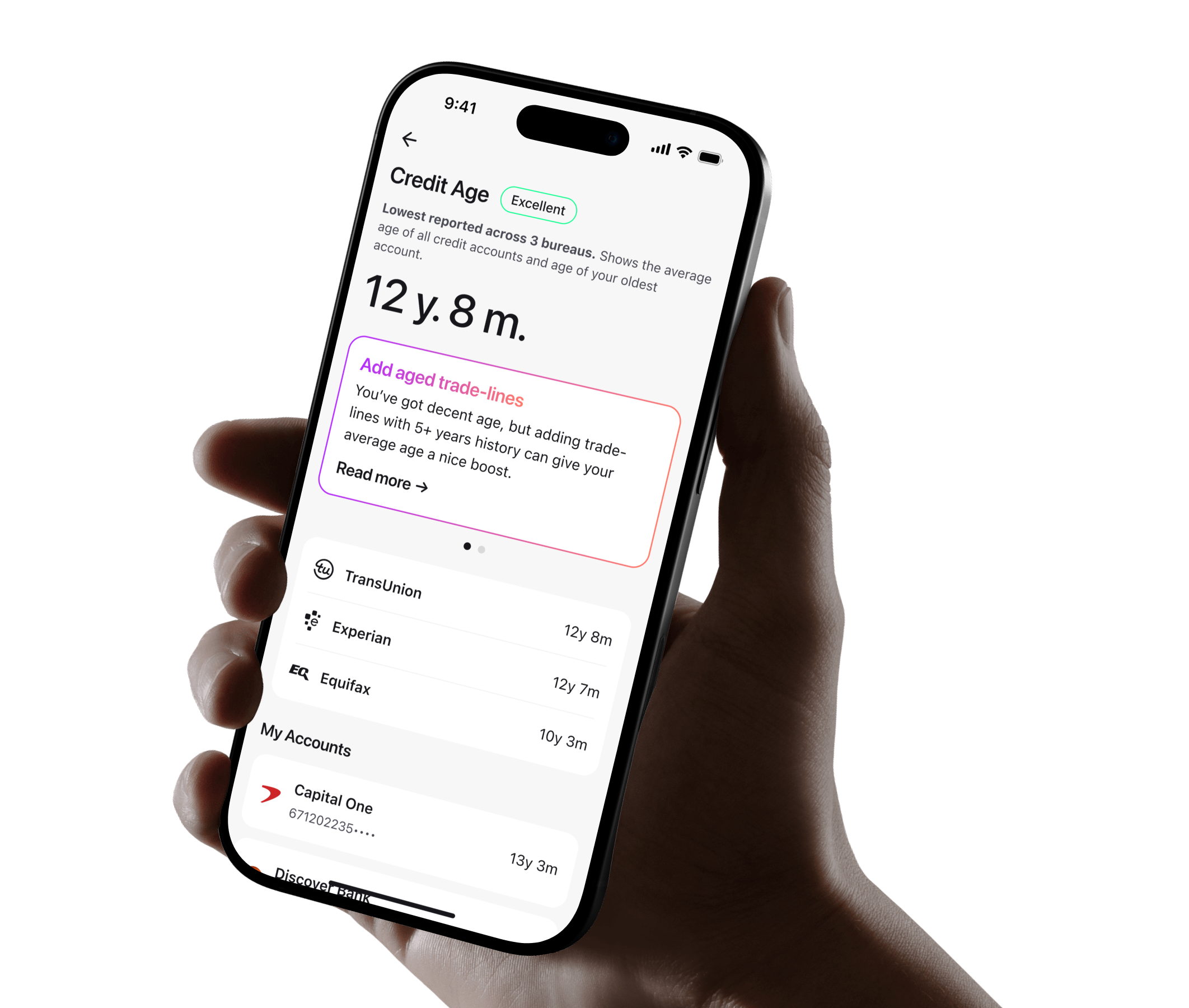 Hand holding iPhone showing Credit Age screen — 12 years 8 months across TransUnion, Experian, and Equifax