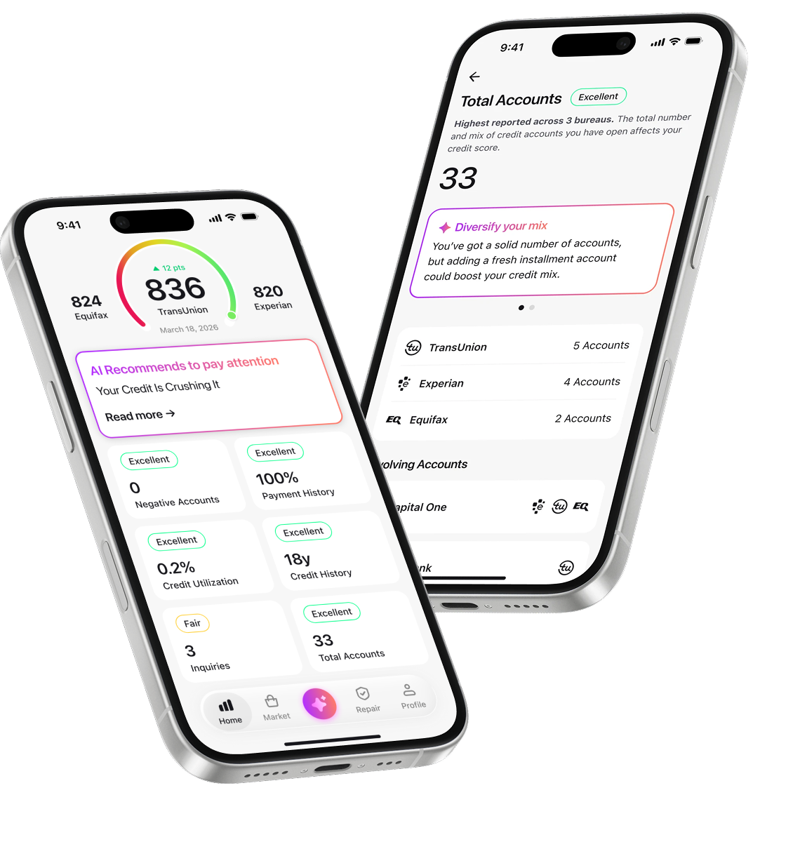 Credit Booster AI app showing dashboard and accounts screens