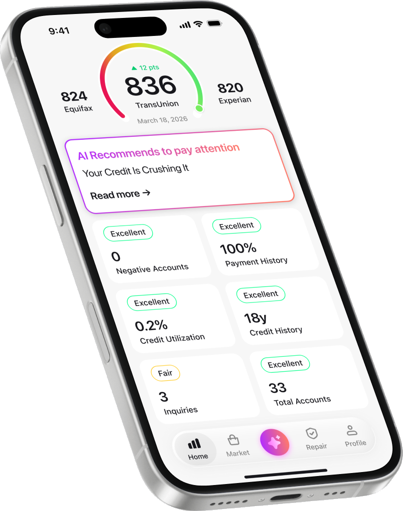 Credit Booster AI app showing a credit score across all three bureaus