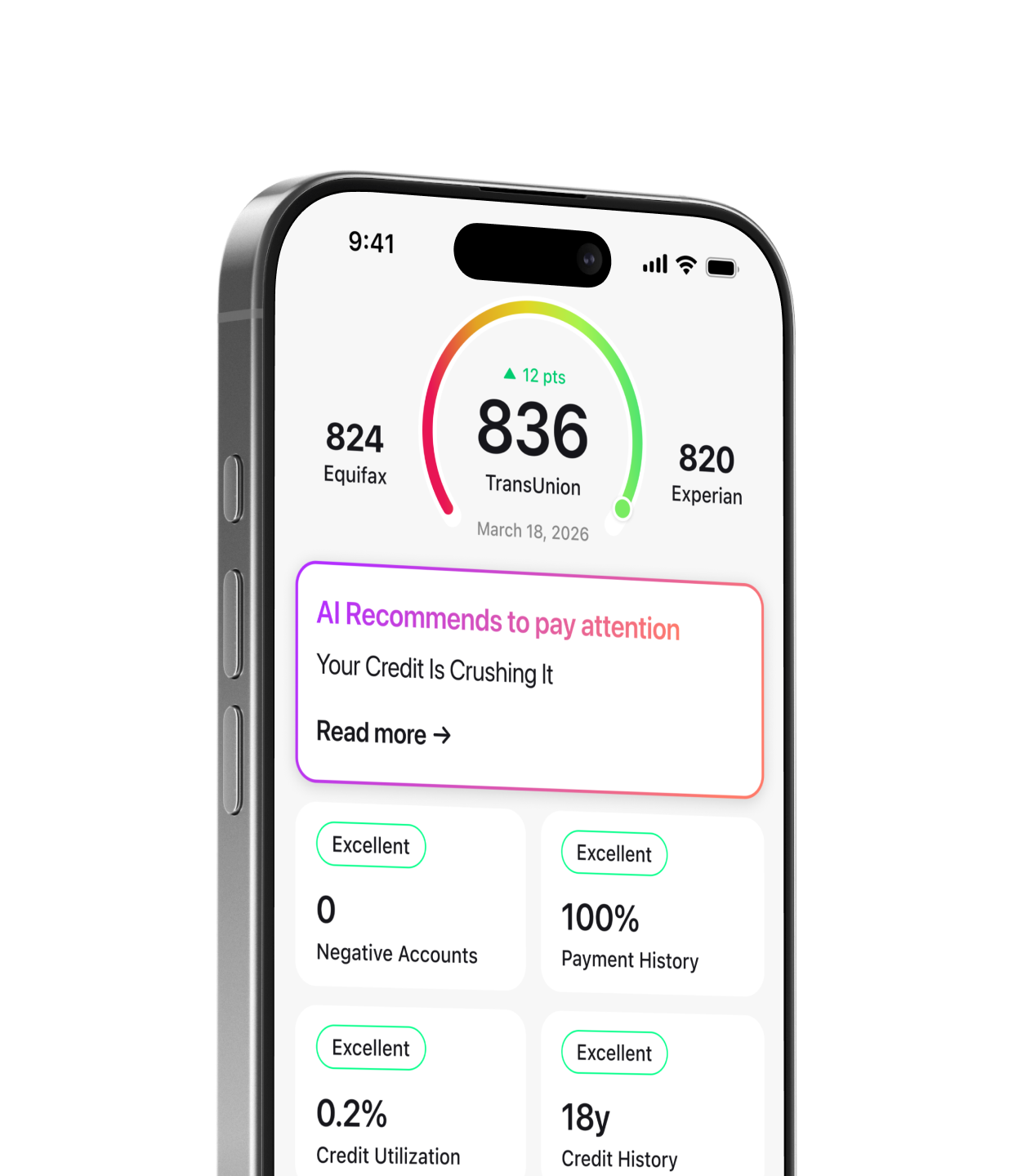 CreditBooster.ai app showing credit score dashboard